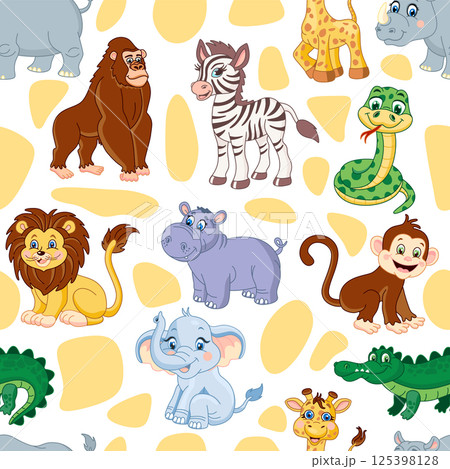 Seamless pattern with African animals. Lion, elephant, giraffe, rhinoceros, monkey, snake,crocodile. hippopotamus illustration for kids Seamless pattern with African animals. Lion, elephant, giraffe, rhinoceros, monkey, snake,crocodile. hippopotamus illustration for kids 125398128