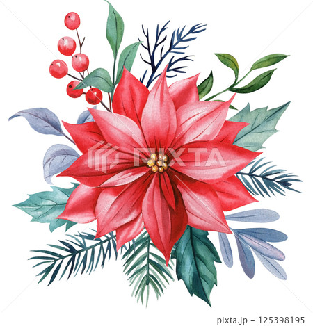 Bright red watercolor poinsettia flower bouquet with Christmas foliage and holiday greenery elements for design, print 125398195