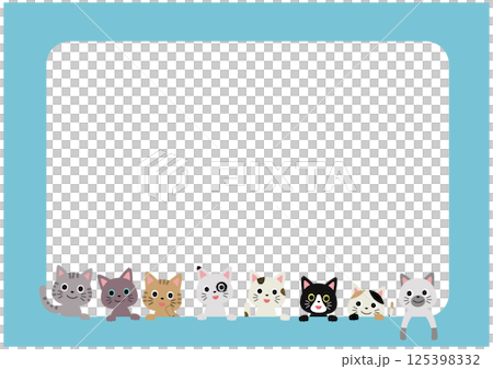 A frame with many cats peeking out from a line, blue border A frame with many cats peeking out from a line, blue border 125398332