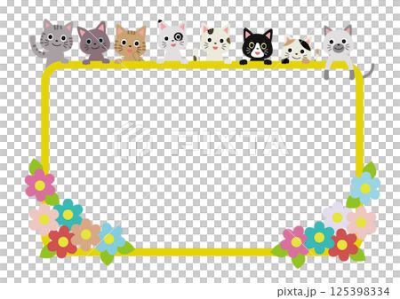 Flower line frame with many cats peeking out, horizontal Flower line frame with many cats peeking out, horizontal 125398334