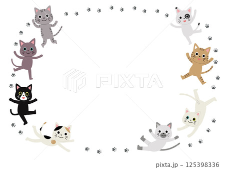 いろんなポーズの猫と肉球のフレーム 125398336