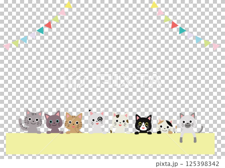 Garland frame with many cats peeking out, horizontal 125398342