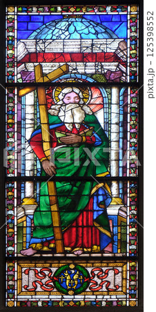 Saint Andrew, stained glass window in the Basilica di Santa Croce (Basilica of the Holy Cross) - famous Franciscan church in Florence, Italy Saint Andrew, stained glass window in the Basilica di Santa Croce (Basilica of the Holy Cross) - famous Franciscan church in Florence, Italy 125398552