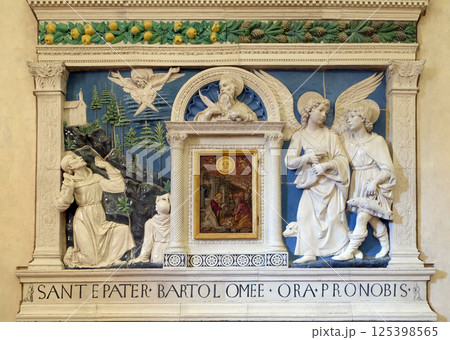 The Nativity of Jesus by Tuscan painter in the middle of Altar showing St. Bartholomew, Archangel Raphael and Tobias by Andrea della Robbia, Basilica di Santa Croce (Basilica of the Holy Cross) in The Nativity of Jesus by Tuscan painter in the middle of Altar showing St. Bartholomew, Archangel Raphael and Tobias by Andrea della Robbia, Basilica di Santa Croce (Basilica of the Holy Cross) in 125398565
