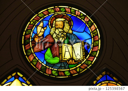 God the Father, stained glass window by Alesso Baldovinetti in the Basilica di Santa Croce (Basilica of the Holy Cross) - famous Franciscan church in Florence, Italy 125398567