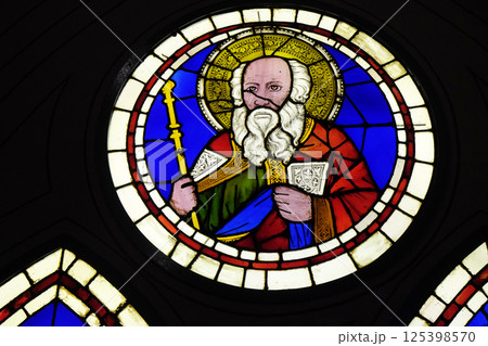 Aaron depicted in the stained-glass window designed by Italian Renaissance painter Giotto di Bondone dated from the early 14th century in the Basilica di Santa Croce in Florence Aaron depicted in the stained-glass window designed by Italian Renaissance painter Giotto di Bondone dated from the early 14th century in the Basilica di Santa Croce in Florence 125398570