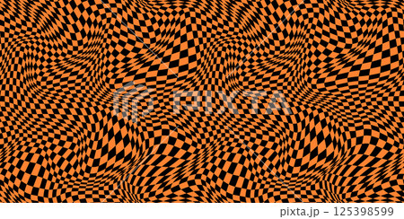 Halloween black and orange warped, distorted groovy check seamless vector pattern, psychedelic checkerboard backdrop, wavy checkered background 125398599