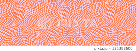 Orange and pink fun groovy distorted check seamless vector pattern, warped wavy checkered psychedelic background 125398600