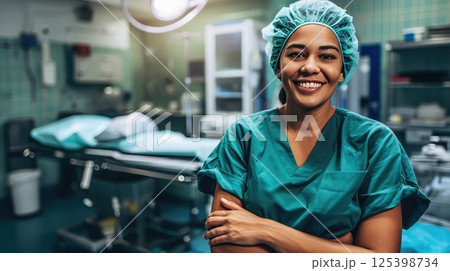 The operating theatre is filled with positive energy as a young female surgeon, flashes a warm smile. Her dedication and expertise are evident in every photo. 125398734