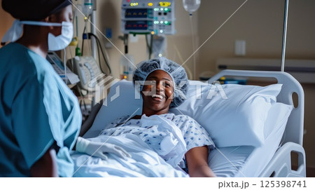 The doctor cheerfully communicates with the patient in the recovery room. Amidst the recovery process, the doctor's cheerful presence brings a sense of ease and encouragement. A healing touch! 125398741