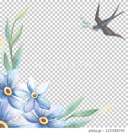 Floral spring frame with swallow bird, blue forget-me-not flowers and green twigs. Botanical hand drawn watercolor template. Perfect for wedding seasonal decoration, greeting card, event invitation 125398745