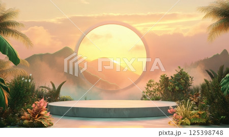 A surreal tropical landscape with a circular stage surrounded by lush plants, framed by a glowing sunset 125398748