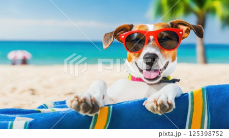 dog in red sunglasses relaxes on a beach towel with a bright blue sea and palm trees in the background 125398752