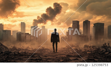 A lone man in a suit walks through a post-apocalyptic cityscape filled with rubble and destroyed buildings 125398753