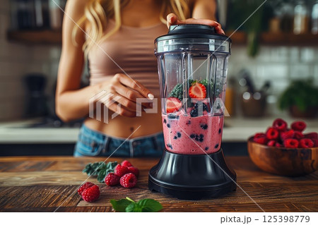 Healthy food concept - Young woman is making a smoothie in the kitchen. The young woman enjoys the vibrant colors of fresh ingredients as she prepares a smoothie in her kitchen. 125398779