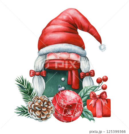 Watercolor Christmas girl gnome in red hat with pinecone, ornament and gift for winter holiday decoration Watercolor Christmas girl gnome in red hat with pinecone, ornament and gift for winter holiday decoration 125399366