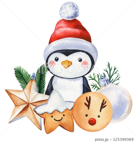 Watercolor cute penguin in Santa hat with cookies, ornaments, fir branches and winter holiday decorations, poster, card 125399369