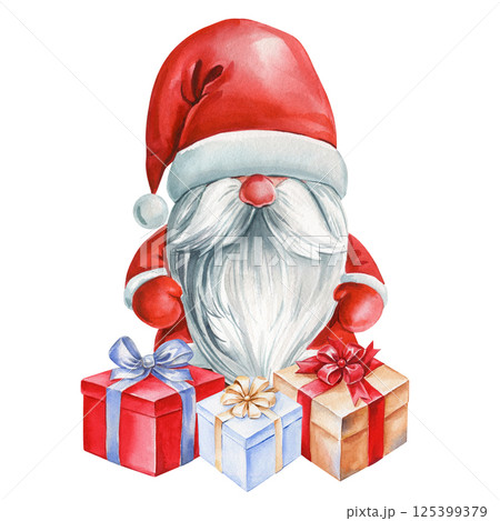 Watercolor Christmas gnome with red Santa hat and colorful gift boxes isolated on white for holiday design, poster, card 125399379