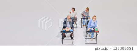 Elderly people, student sitting at desk with books and notes, elderly man and woman talking on phone, while two other women studying. Elderly people, student sitting at desk with books and notes, elderly man and woman talking on phone, while two other women studying. 125399551