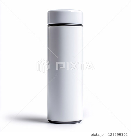 White metal thermos of cylindrical shape for beverages on a clean white background. Generative AI 125399592