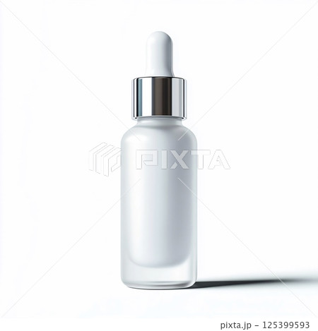Frosted white glass bottle with dropper and silver cap on a white background. Generative AI 125399593