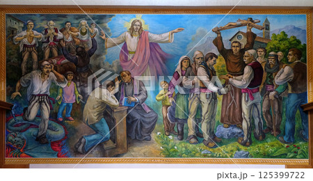 The altarpiece shows the faith of the Albanian people in Jesus Christ in Mother Teresa cathedral in Vau i Dejes, Albania The altarpiece shows the faith of the Albanian people in Jesus Christ in Mother Teresa cathedral in Vau i Dejes, Albania 125399722