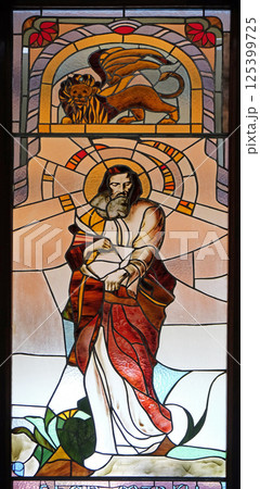Saint Mark the Evangelist, stained glass window in Mother Teresa cathedral in Vau i Dejes, Albania 125399725