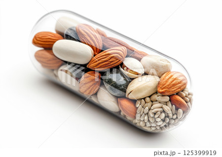 Close-up of a transparent capsule filled with various nuts and seeds as a natural source of magnesium on a white background. 125399919