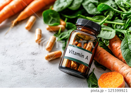 Close-up of a glass jar labeled Vitamin A with capsules surrounded by fresh carrots, sweet potato and spinach on a textured light surface. 125399921