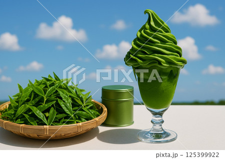 笊に茶葉と抹茶入りのアイスクリーム　抹茶入りの缶 125399922