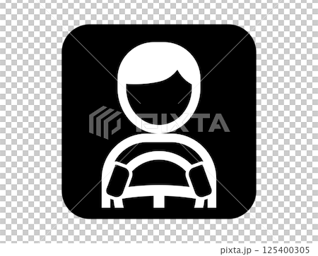 Square simple monochrome illustration icon of a person holding a car steering wheel 125400305