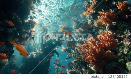 Sunlight pierces through crystal-clear water, illuminating a vibrant coral reef teeming with colorful fish and diverse marine life 125400335