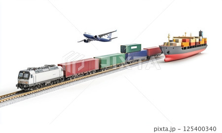 A freight train, cargo ship, and airplane illustrate global transportation logistics 125400340