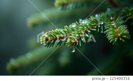 Evergreen Branch with Water Droplets Close-up View Evergreen Branch with Water Droplets Close-up View 125400358