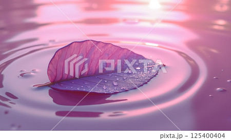 Leaf Droplets in Ethereal Pink Rippling Water 125400404
