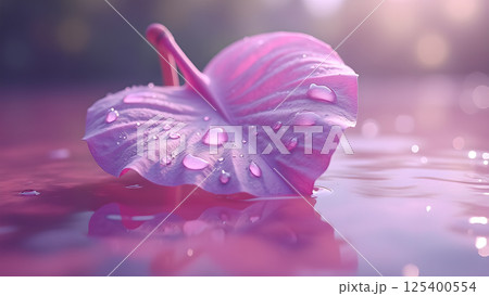 Dew kissed orchid petal serenely afloat water Dew kissed orchid petal serenely afloat water 125400554