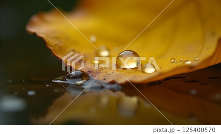 Autumnal Leaf Adorned with Crystalline Water Drops Autumnal Leaf Adorned with Crystalline Water Drops 125400570