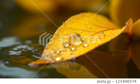 Golden Leaf Adorned with Crystalline Water Droplets 125400574