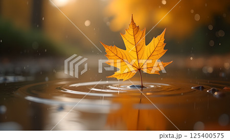 Autumnal Serenity: Maple Leaf in Gentle Rain 125400575