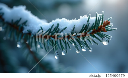 Winter's Touch: Snow and Water on Evergreen Branch Winter's Touch: Snow and Water on Evergreen Branch 125400679