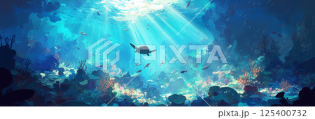 A serene turtle swims near a colorful coral reef in clear blue water, with vibrant corals and tropical fish around it, sunlight filtering through the ocean surface for a tranquil vibe, banner 125400732