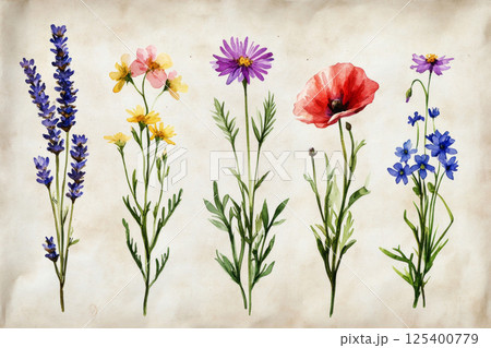 A botanical watercolor illustration of wildflowers Lavender, Cornflower, Daisy, Bluebell, Poppy, and Edelweiss isolated on an old paper background, featuring soft pastel colors in a minimalist style 125400779