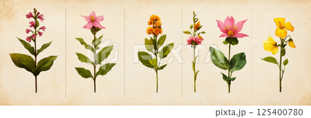 An artistic representation of six wildflowers, Goldenrod, Indian Paintbrush, Blazing Star, Trillium, Jack-in-the-Pulpit, and Queen Anne Lace in a botanical herbarium style, floral poster 125400780