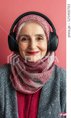 The joyful Arab grandma, wearing headphones, smiles softly against a pink background, creating a serene and modern minimalist mock-up 125400783