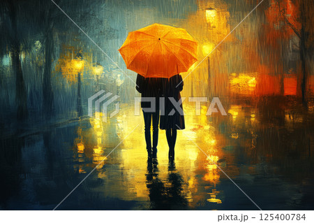 A couple shares a large yellow umbrella on a rainy provincial street, the muted colors of the scene creating a serene and relaxed atmosphere, with gentle rain falling softly around them 125400784