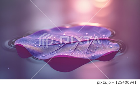 Leaf serenely floats atop tranquil water surface Leaf serenely floats atop tranquil water surface 125400941