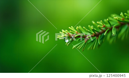 Dew Drops on Evergreen Branch Macro Close-up Dew Drops on Evergreen Branch Macro Close-up 125400945