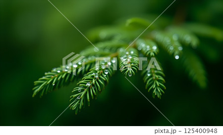 Water droplets on evergreen branch, nature close-up 125400948