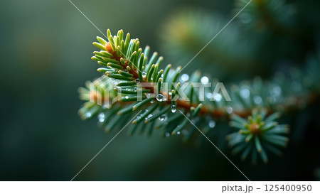 Evergreen Sprig Adorned with Sparkling Water Drops Evergreen Sprig Adorned with Sparkling Water Drops 125400950