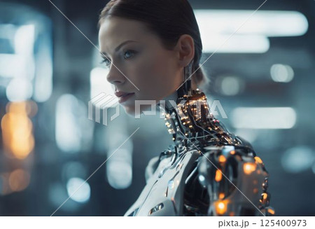 beautiful blonde woman in futuristic clothes 125400973